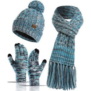 Women's Lake Blue Skull Caps Knit Gloves Beanie Neck Scarves 3 Set Winter Warm